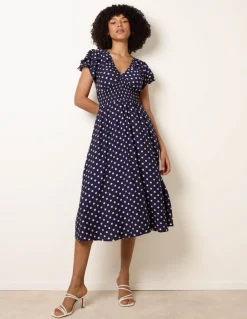 Polka Dot Elastic V Neck Midi Dress