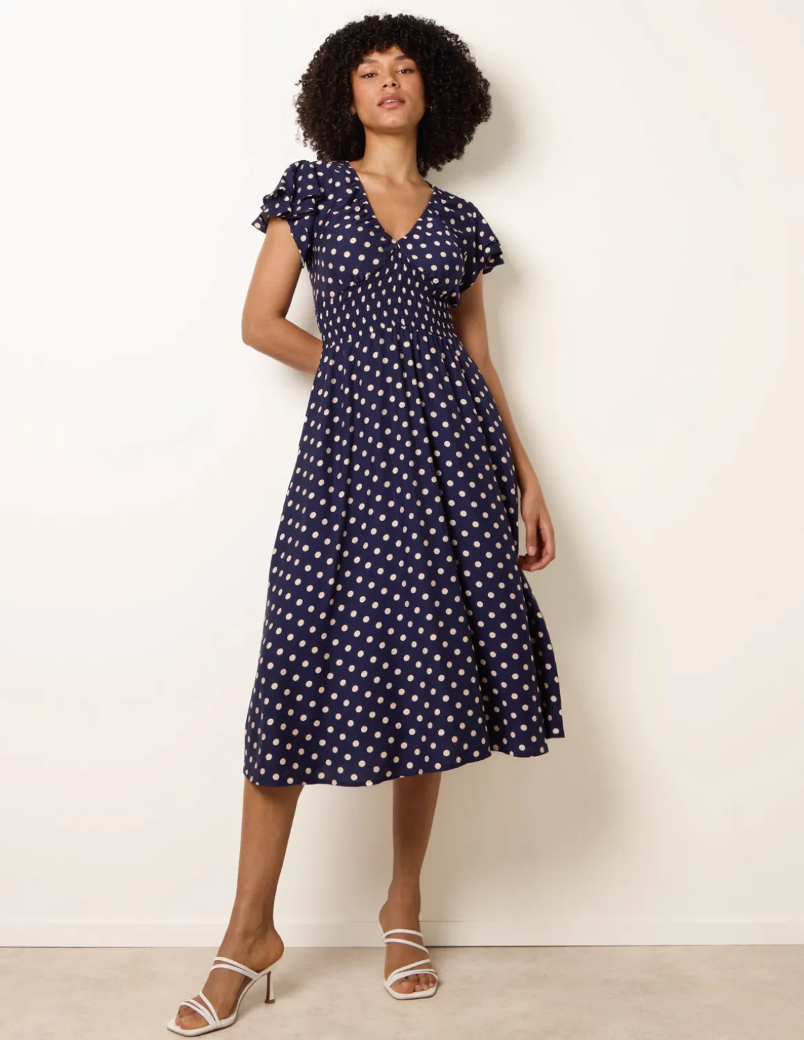 Polka Dot Elastic V Neck Midi Dress
