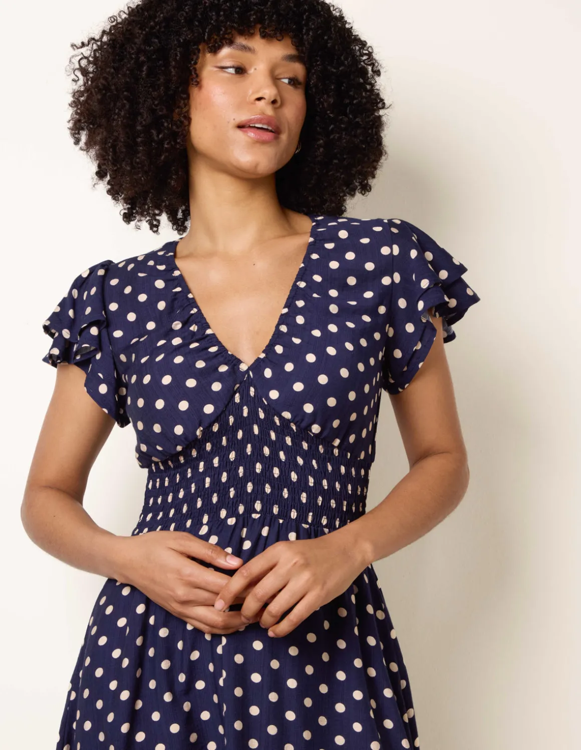 Polka Dot Elastic V Neck Midi Dress
