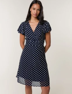 Polka Dot Mesh Frill Sleeve Wrap Dress With Tie Waist