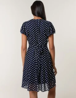 Polka Dot Mesh Frill Sleeve Wrap Dress With Tie Waist