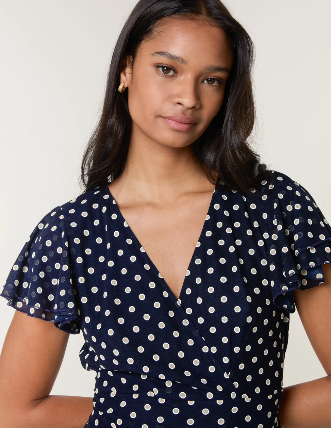 Polka Dot Mesh Frill Sleeve Wrap Dress With Tie Waist