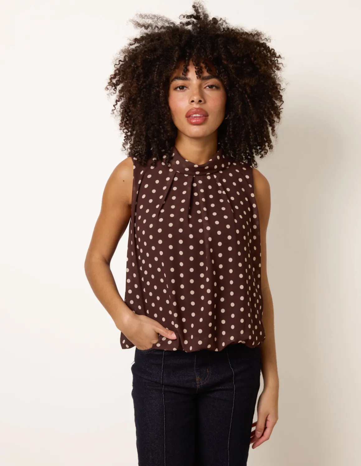 Polka Dot Sleeveless Cowl Neck Top