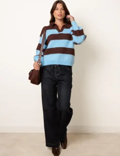 Polo Collar Striped Long Sleeve Jumper