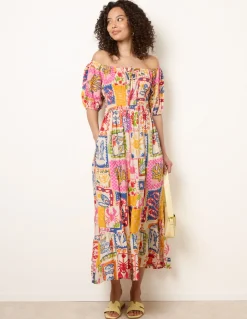 Postcard Tie Front Bardot Shirred Midi Dress