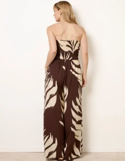 Printed Bandeau Tie Neck Shirred Jumpsuit