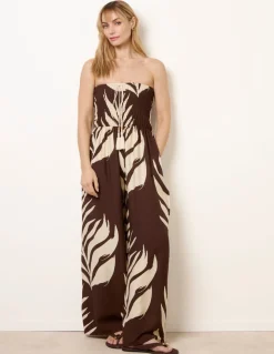 Printed Bandeau Tie Neck Shirred Jumpsuit