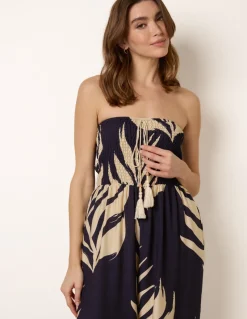 Printed Bandeau Tie Neck Shirred Jumpsuit