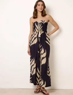 Printed Bandeau Tie Neck Shirred Jumpsuit