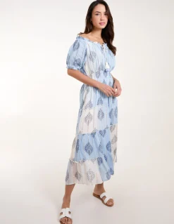 Printed Bardot Tassel Midi Dress