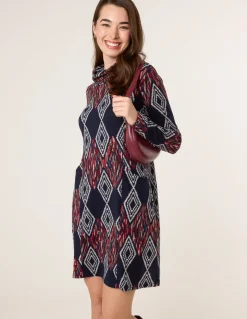 Printed Draped Cowl Neck Long Sleeve Dress
