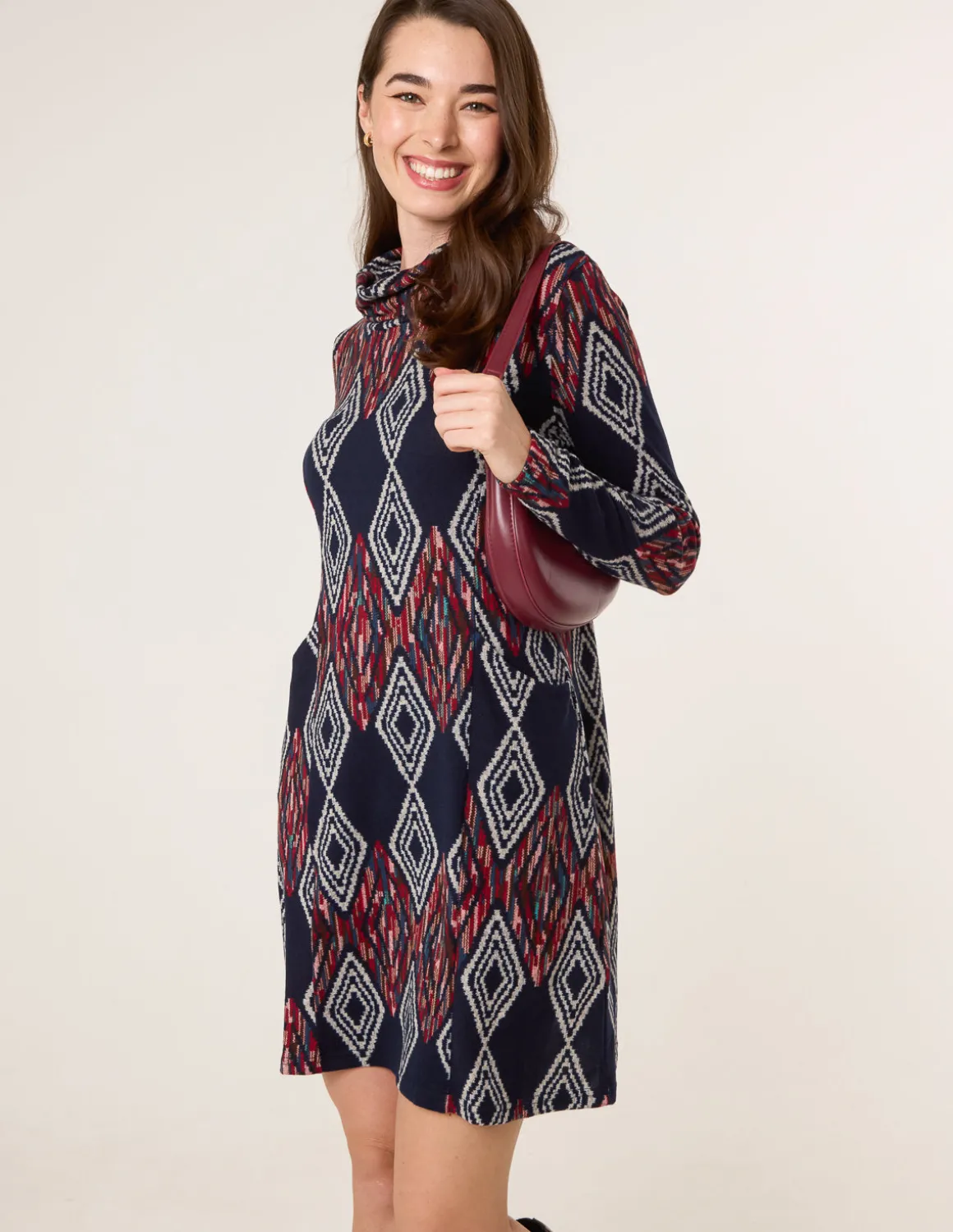 Printed Draped Cowl Neck Long Sleeve Dress