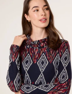 Printed Draped Cowl Neck Long Sleeve Dress