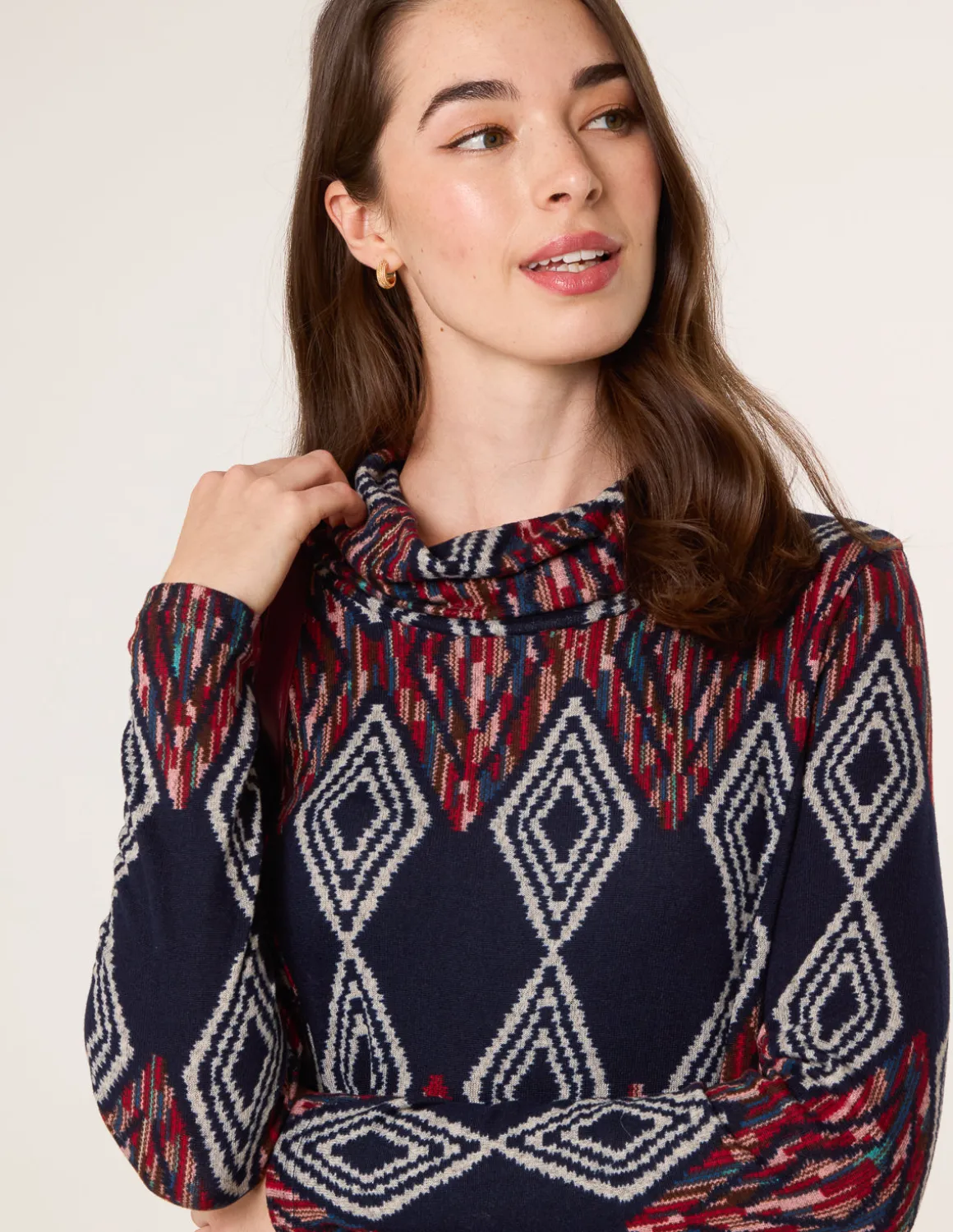 Printed Draped Cowl Neck Long Sleeve Dress