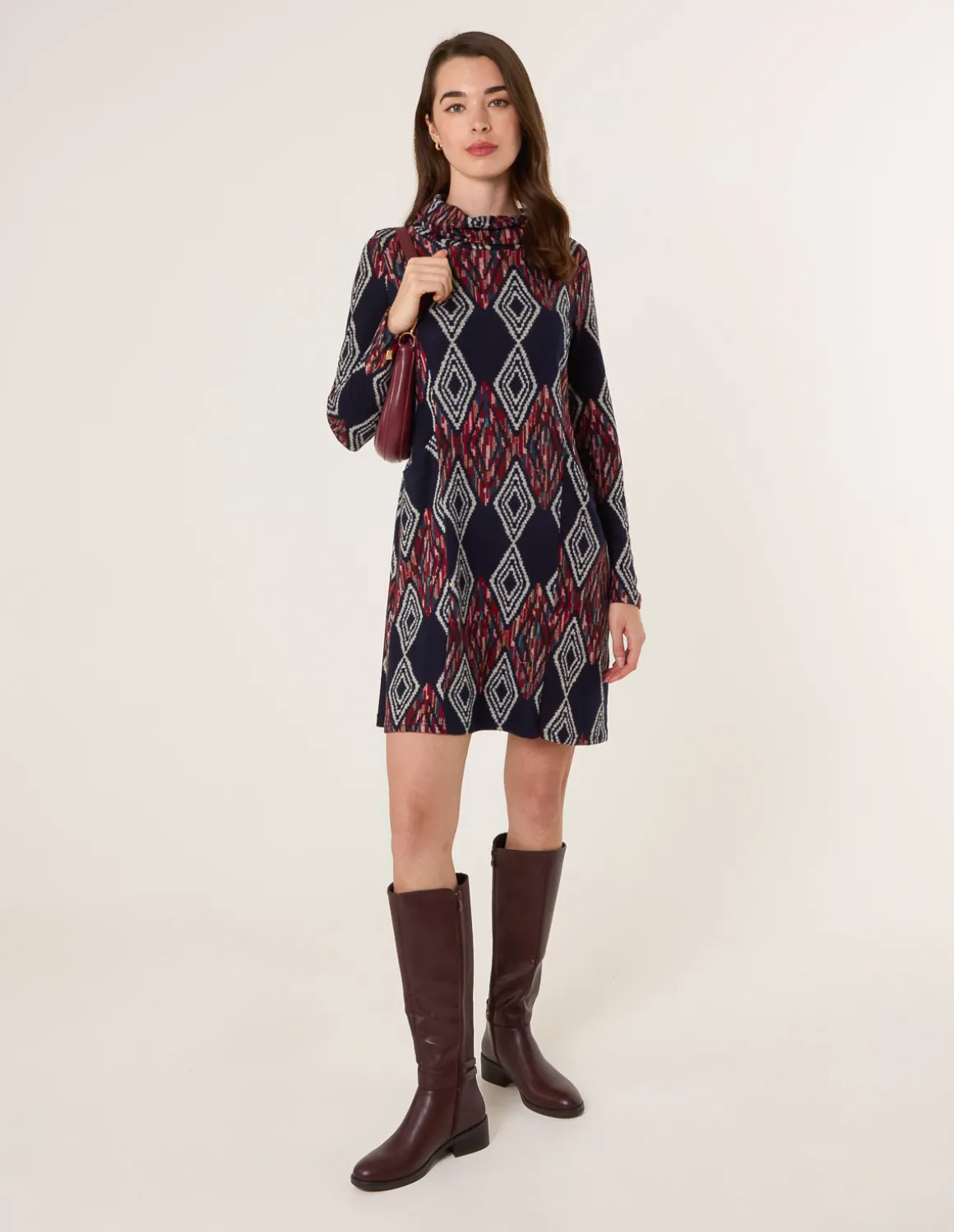 Printed Draped Cowl Neck Long Sleeve Dress