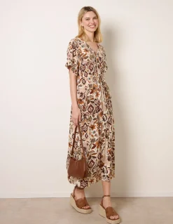 Printed Drawstring Waist Midi Dress