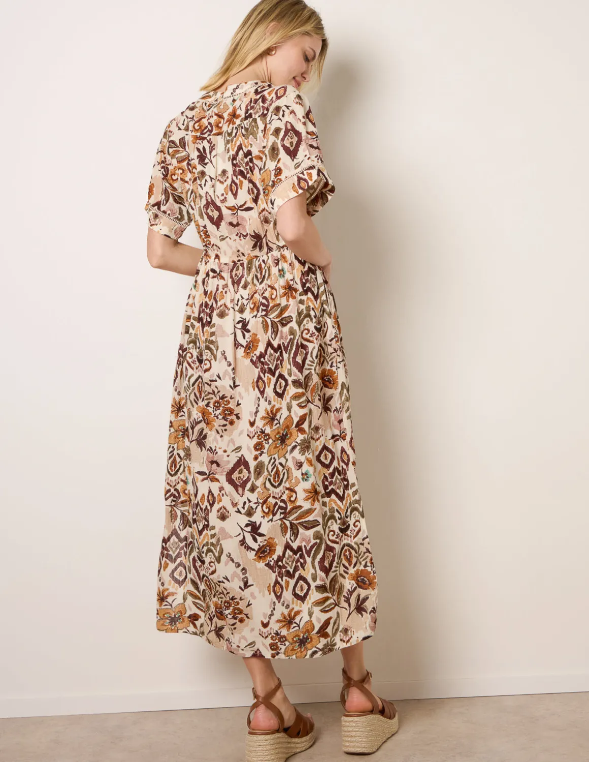 Printed Drawstring Waist Midi Dress