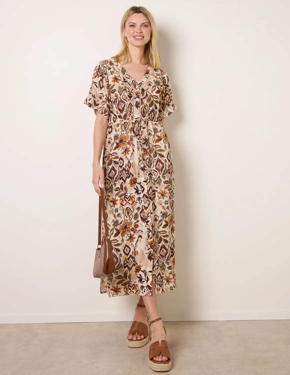 Printed Drawstring Waist Midi Dress