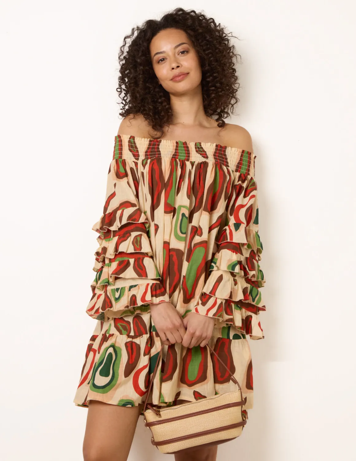 Printed Frill Sleeve Bardot Off Shoulder Tunic Dress