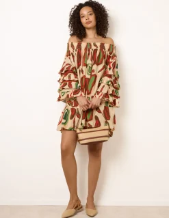 Printed Frill Sleeve Bardot Off Shoulder Tunic Dress