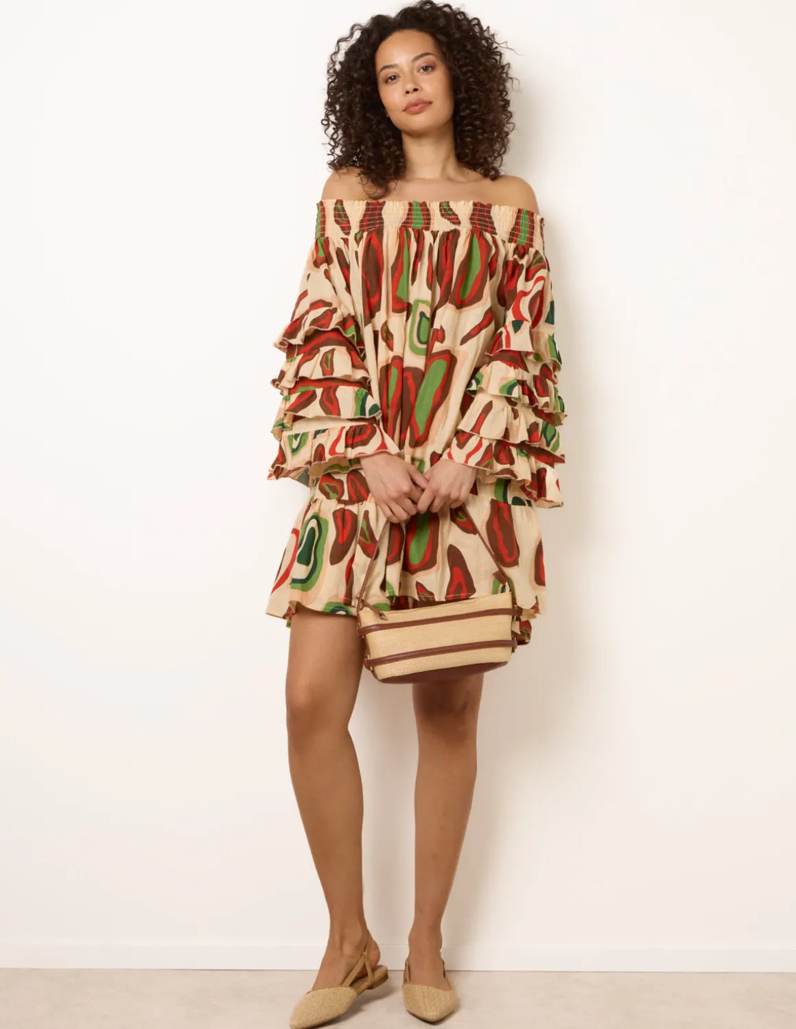 Printed Frill Sleeve Bardot Off Shoulder Tunic Dress