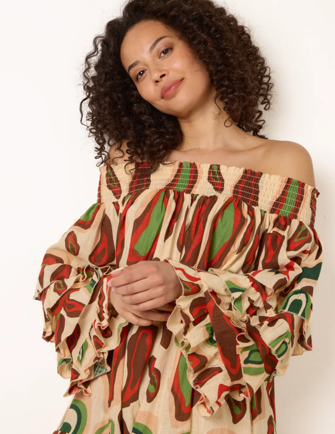 Printed Frill Sleeve Bardot Off Shoulder Tunic Dress