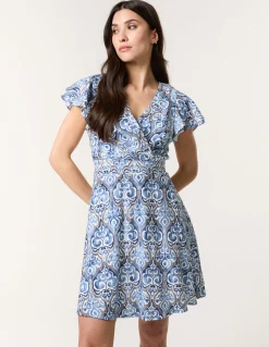 Printed Frill Sleeve Wrap Front Belted Waist Dress