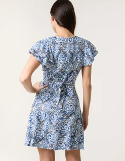 Printed Frill Sleeve Wrap Front Belted Waist Dress