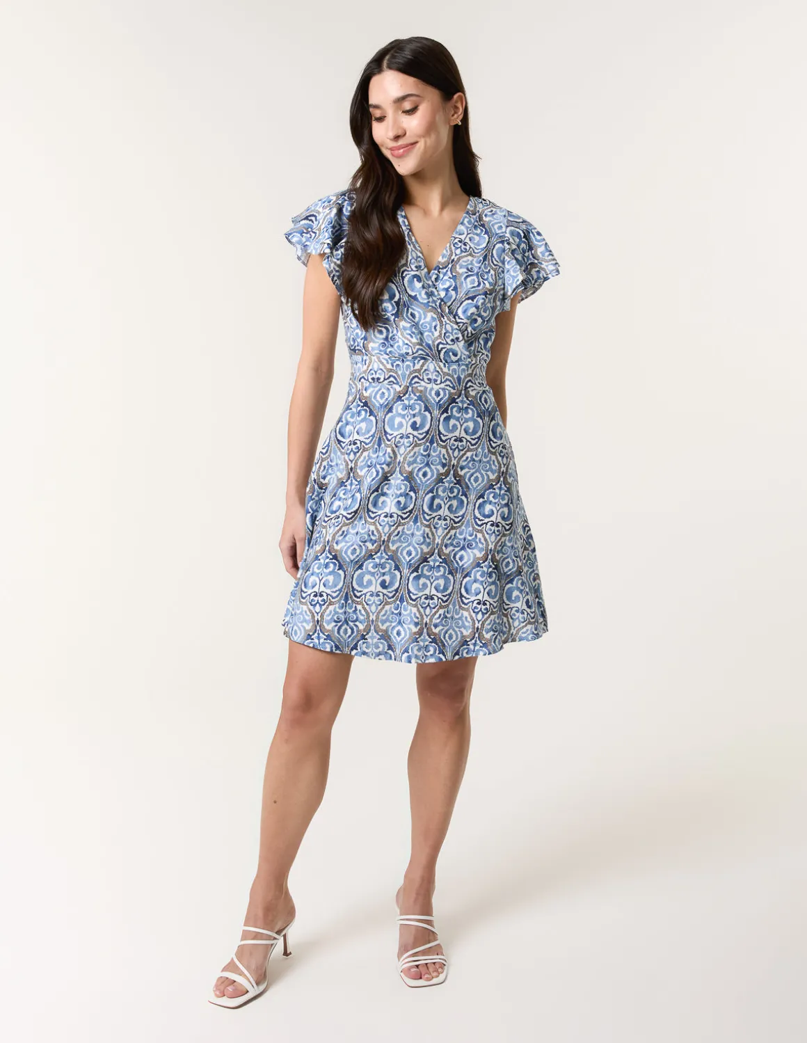 Printed Frill Sleeve Wrap Front Belted Waist Dress
