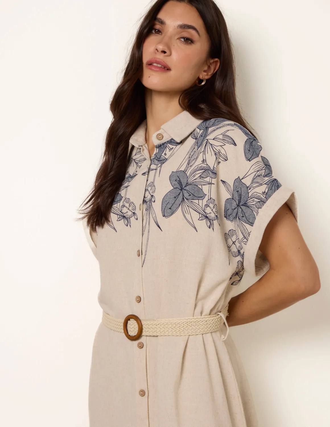 Printed Linen Belted Dress
