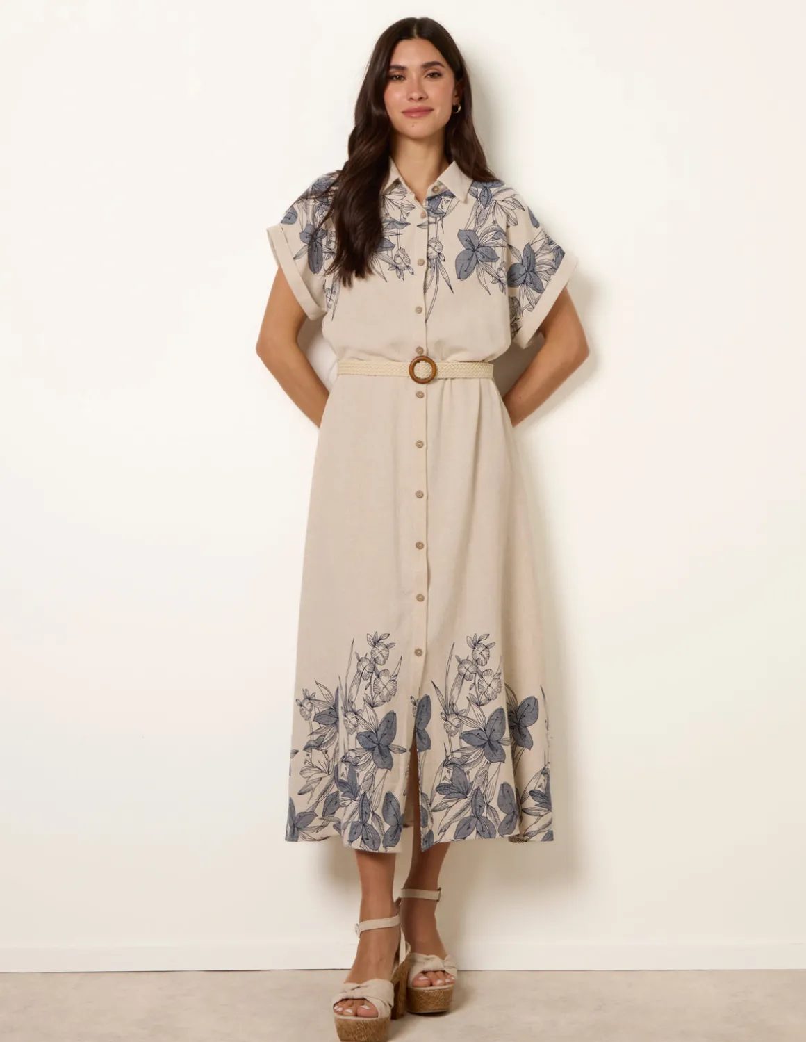 Printed Linen Belted Dress