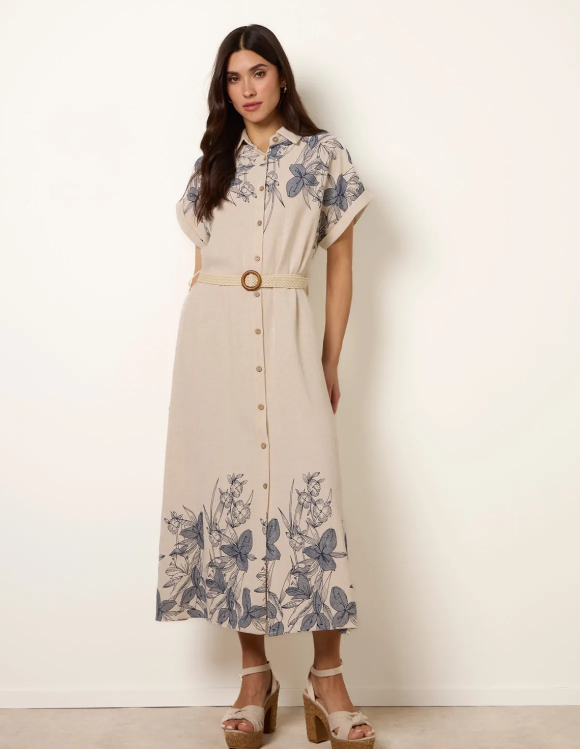 Printed Linen Belted Dress