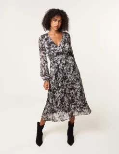 Printed Metallic Buckle Belted Midi Dress