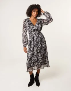 Printed Metallic Buckle Belted Midi Dress
