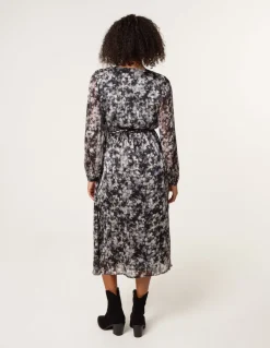 Printed Metallic Buckle Belted Midi Dress