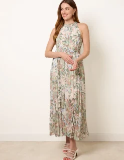 Printed Pleated Dress With Belt