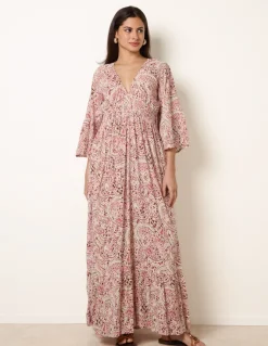Printed Shirred Waist V Neck Maxi Dress