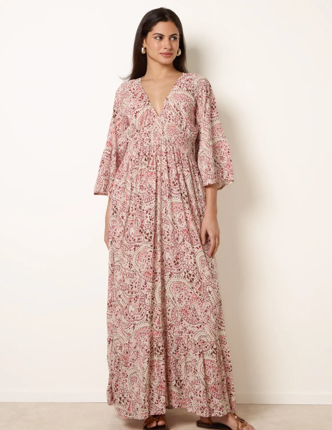 Printed Shirred Waist V Neck Maxi Dress