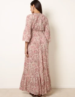 Printed Shirred Waist V Neck Maxi Dress