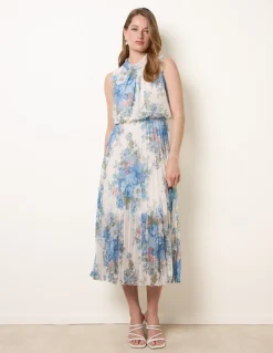 Printed Sleeveless Cowl Neck Pleated Dress