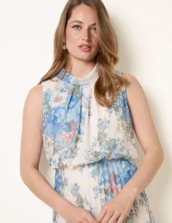 Printed Sleeveless Cowl Neck Pleated Dress
