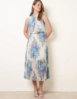 Printed Sleeveless Cowl Neck Pleated Dress