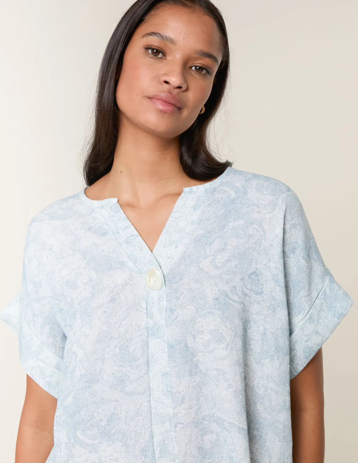 Printed V Neck Button Top