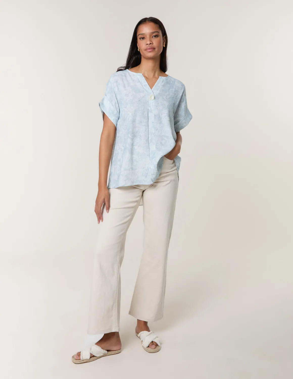 Printed V Neck Button Top