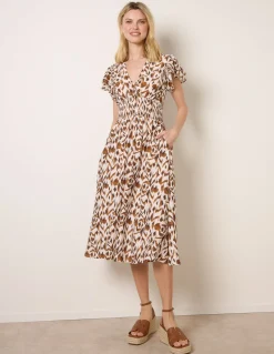 Printed V Neck Frill Sleeve Midi Dress