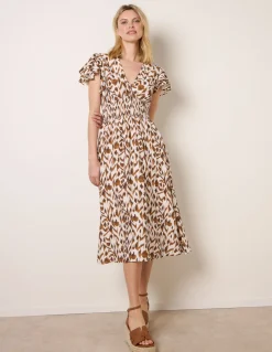 Printed V Neck Frill Sleeve Midi Dress