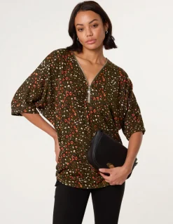 Printed Zip Front Top