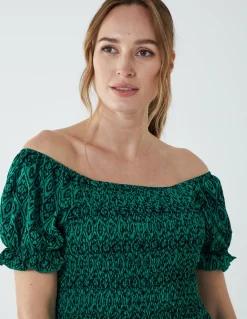 Puff Sleeve Bardot Shirred Dress
