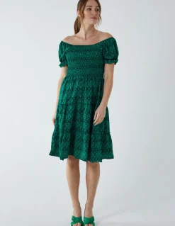 Puff Sleeve Bardot Shirred Dress