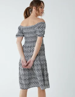 Puff Sleeve Bardot Shirred Dress